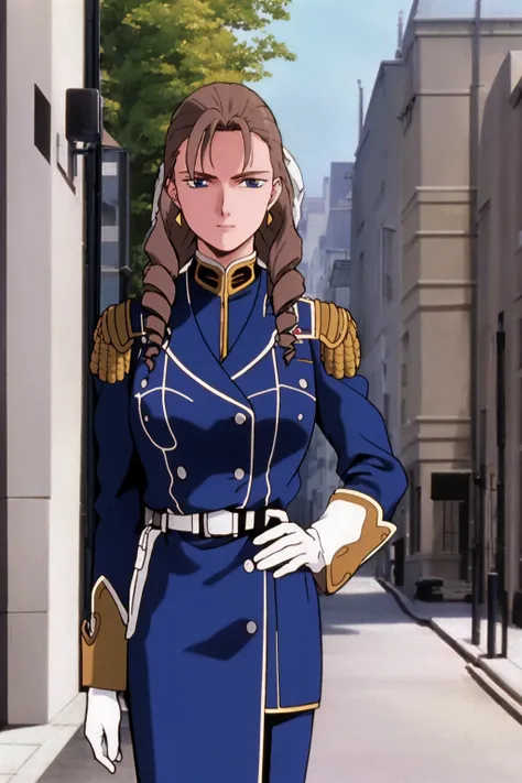 masterpiece, best quality,1girl, brown hair,  long hair, makeup, drill hair, blue eyes,  earrings, gloves,  uniform, hand on hip, jewelry, military, military uniform, retro artstyle, sksgw, solo,1990s (style), outdoors, street background <lora:GundamWingSt...