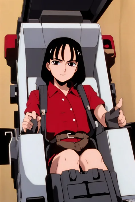 masterpiece, best quality, 1boy, black eyes, black hair, cockpit, red shirt, looking at viewer, solo, sksgw, retro artstyle <lora:GundamWingStyle:1>