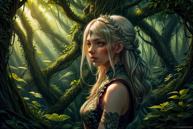 a woman with long blonde hair standing in a forest