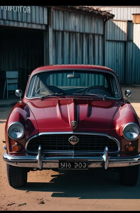 arafed red car parked in front of a building with a metal roof