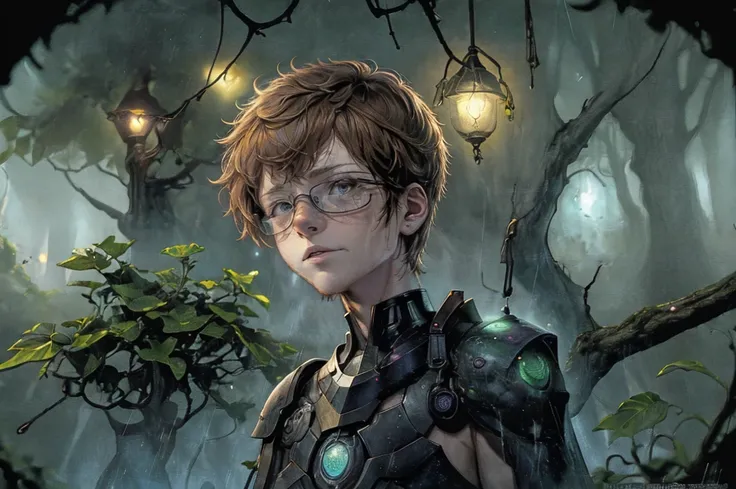 there is a young boy with glasses and a gun in a forest