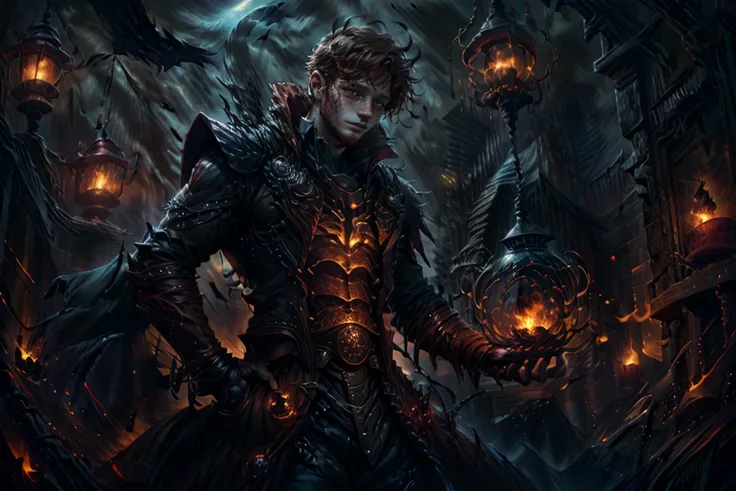 a man in armor holding a glowing orb in a dark cave