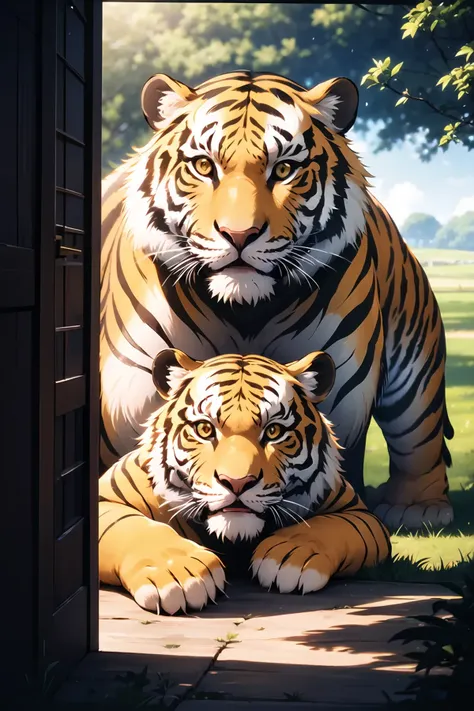 there is a painting of two tigers sitting in a doorway