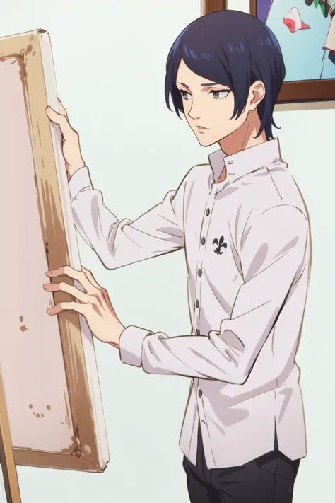 masterpiece, best quality, ultra-detailed,
kitagawa yuusuke, uniform-win, 1boy, solo, male focus, grey eyes, white shirt, black pants, indoors, easel,
<lora:KitagawaYusuke_e18:0.75>,