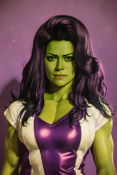 she-hulk, hyper realistic photograph, 3/4 shot, purple and white suit, black hair:: film grain, kodak portra 800, f1.8, golden h...