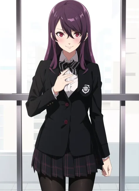 persona5 anime style, yoshizawa sumire, 1girl, alternate hairstyle, black bow, black bowtie, black jacket, black pantyhose, blue flower, blush, bow, bowtie, breasts, buttons, closed mouth, flower, hair between eyes, hair down, jacket, long hair, long sleev...