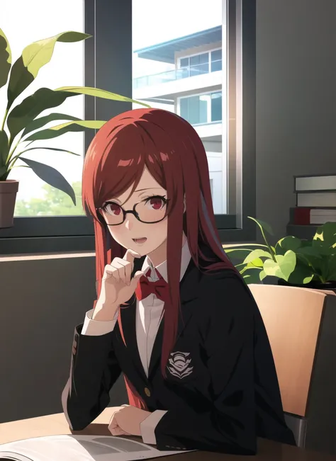 persona5 anime style,  portrait of dskasumi,  yoshizawa kasumi, 1girl, backlighting, black-framed eyewear, black jacket, blush, book, breasts, chair, glasses, jacket, long hair, long sleeves, looking at viewer, open mouth, plant, potted plant, red eyes, re...