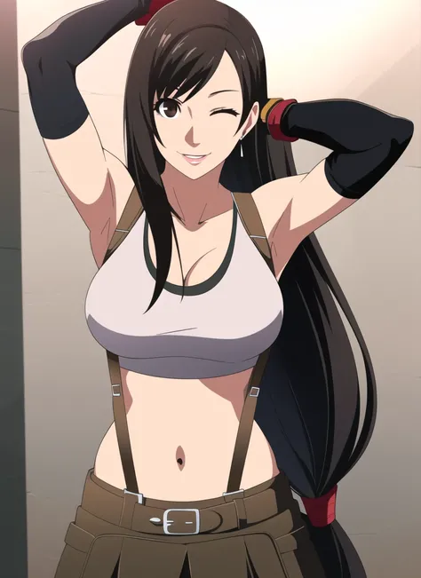 persona5 anime style, tifa lockhart, 1girl, thick lips, arm up, armpits, artist name, belt, black hair, breasts, brown eyes, cleavage, closed mouth, collarbone, cowboy shot, crop top, earrings, elbow gloves, elbow pads, gloves, jewelry, large breasts, lips...