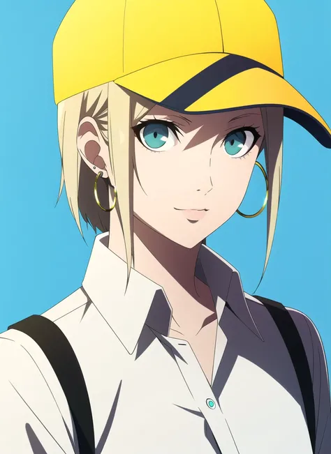 persona5 anime style, persona5 anime style, masterpiece, best quality, 1girl, aqua eyes, baseball cap, blonde hair, closed mouth, earrings, green background, hat, hoop earrings, jewelry, looking at viewer, shirt, short hair, simple background, solo, upper ...