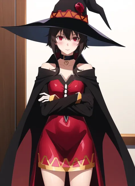 persona5 anime style, megumin, 1girl, bare shoulders, black cape, black gloves, black hair, blush, cape, choker, collarbone, dress, hair between eyes, hat, long sleeves, looking at viewer, medium hair, off-shoulder dress, off shoulder, red dress, red eyes,...