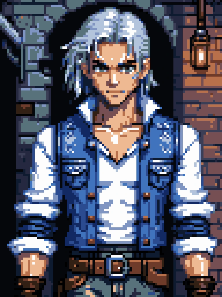 pixel art, ultra detailed, masterpiece, a sly male rogue with a blue bandana, medium length straight silver hair, wearing a (blue vest and pants), white undershirt, green belt, leather gloves and boots, fantasy style