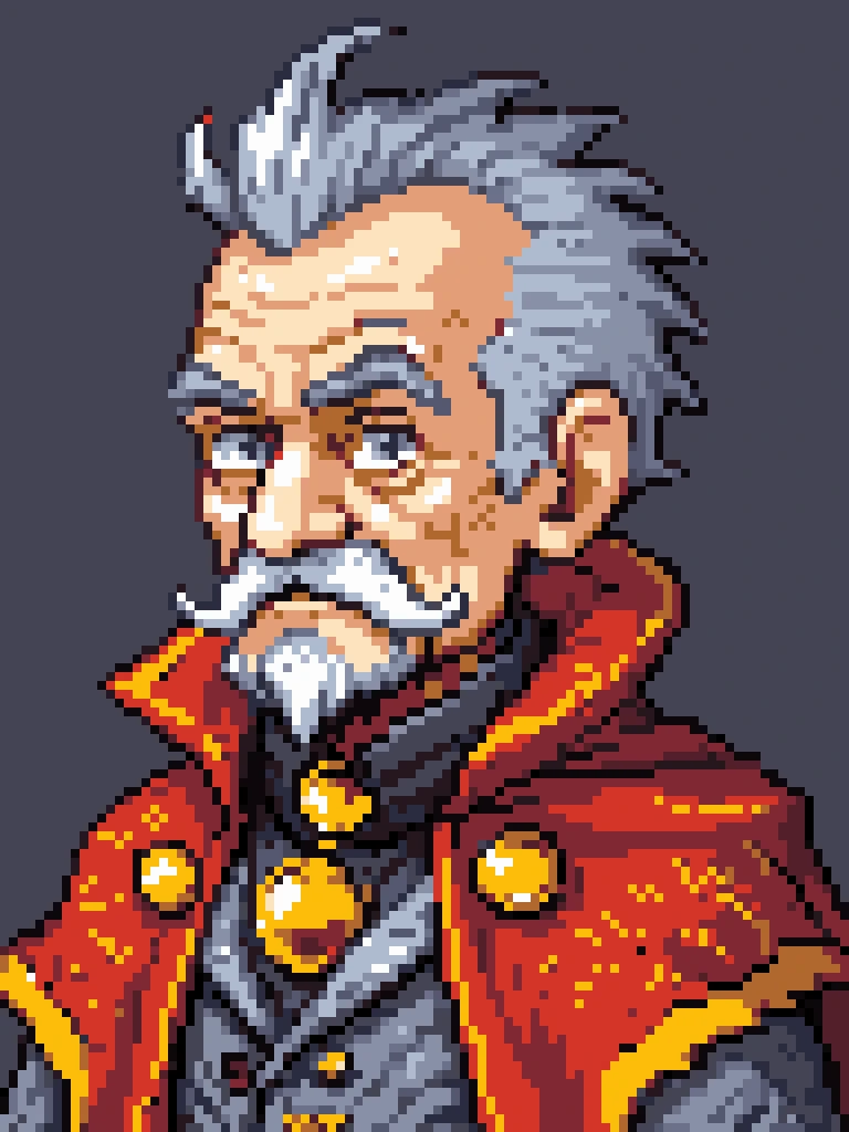 pixel art, ultra detailed, masterpiece,old man with a grey mohawk and moustache, red and yellow cape with a popped collar, wearing tacky pattern baggy clothing, fantasy style