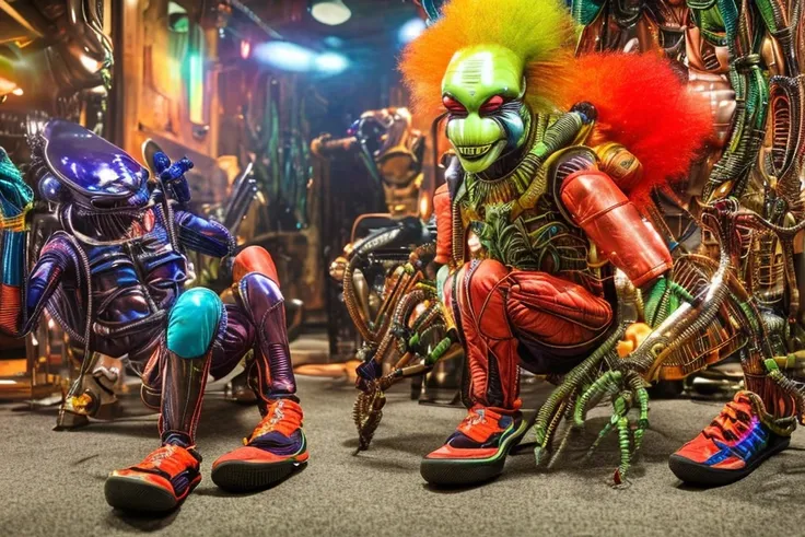 drunk, (drunked alien in clown outfit  sleep on table:1.2) , (legs in sneakers:1.3), crowded bottles bar, intricate details, hdr...