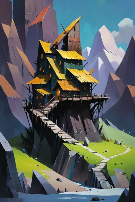 a painting of a house on a mountain with a bridge