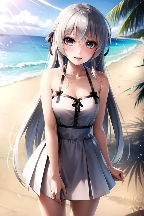 masterpiece, best quality, beach, kasugano sora, happy, bare shoulders, white hair, long hair, ribbon, looking at viewer, standi...