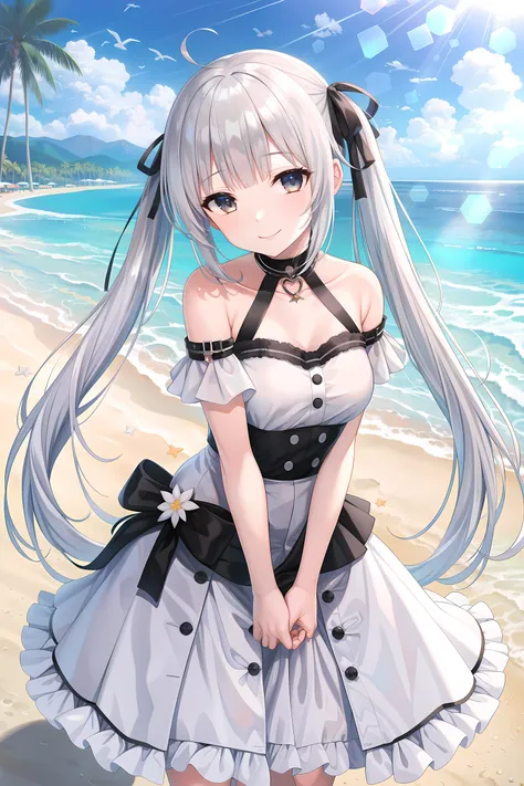 torino aqua, masterpiece, best quality, beach, kasugano sora, happy, bare shoulders, white hair, twintails, long hair, ribbon, l...