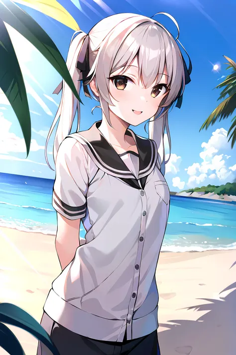 masterpiece, best quality, beach, kasugano sora, brown eyes, white hair, twintails, hair ribbon, happy, looking at viewer, arms ...