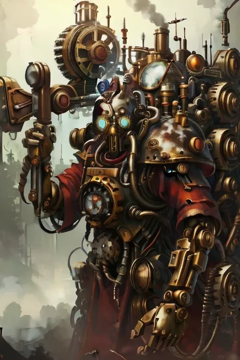 a close up of a steam punk robot with a gun