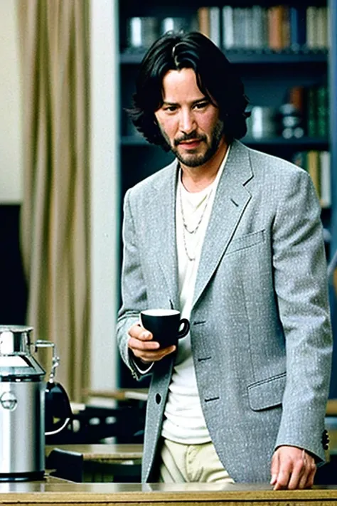 keanu reeves, oily ( the basis of crm interior coffee cafe at hogwarts) in the background, evil:.2, movie still,