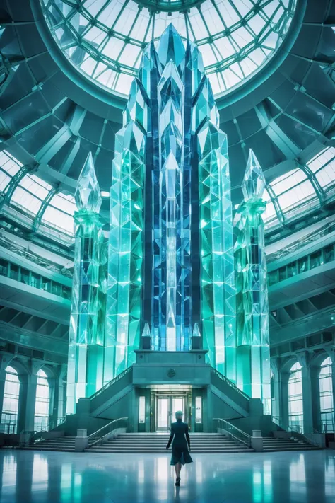 glimmering  blue-green and pastel indigo crystal classicism, photograph, promotional still, cinematic color grading, scifi, fantasy, government building in a decopunk scifi megastructure at the end of time, masterpiece<lora:EnvyBetterHiresFixXL01:0:hr=1><l...