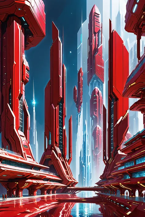 a painting of a futuristic city with a futuristic sky and buildings