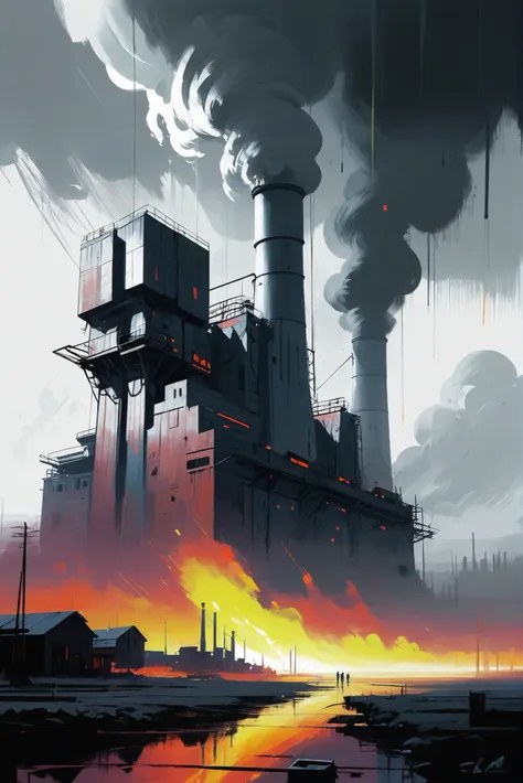 rough brushy digital painting, sketch, power station in a dystopian glowing deep color:silver scifi cloud topia at the end of ti...