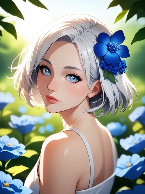 1girl, solo, flower, looking at viewer, blue flower, freckles, blurry, short hair, upper body, lips, closed mouth, depth of field, bare shoulders, white hair, blue eyes, portrait, hair ornament, backlighting, grey eyes,