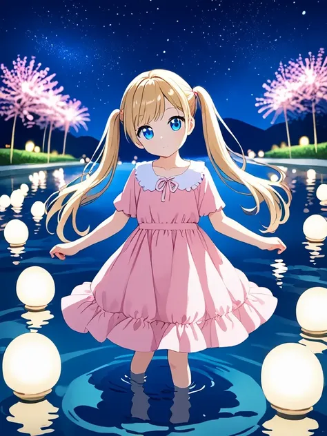 cute 1girl sitting on waters surface,wariza,blonde hair,blue eyes,twintails,pink dress,(Magnificent view:1.4),full body,head tilt,looking at viewer,(cowboy shot),late at night,(starry night sky:1.2),Nebula, clear sky,blurry,(depth of field:1.1),perspective