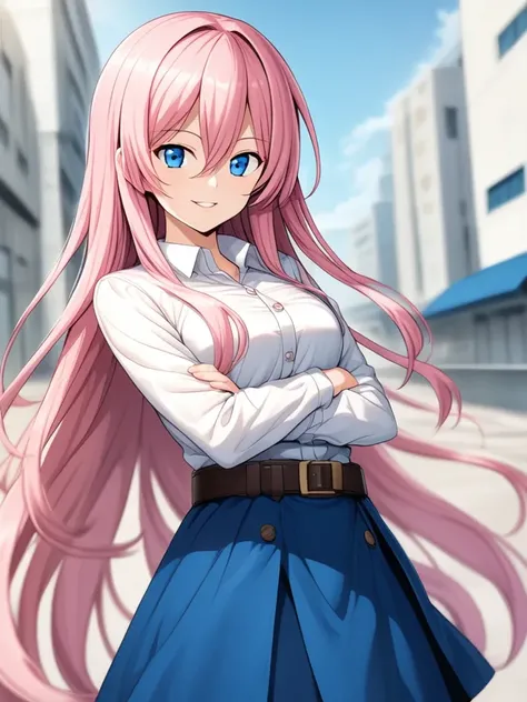 1girl, solo, HQ, belt, blue eyes, blue skirt, blurry, buttons, collared shirt, crossed arms, day, depth of field, hair between eyes, long hair, long sleeves, parted lips, pink hair, shirt, skirt, smile, teeth, very long hair, white shirt,