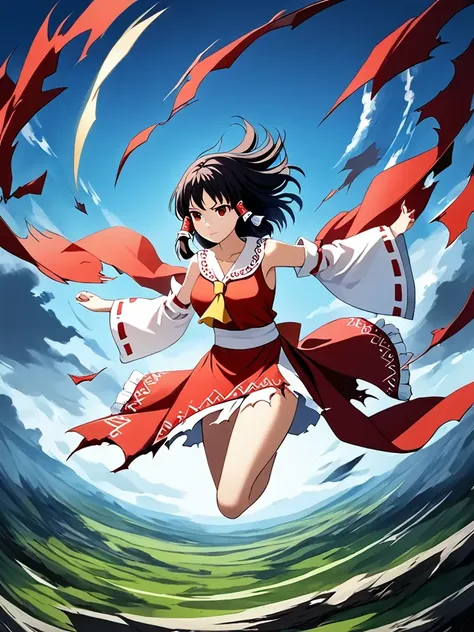 masterpiece,(best,great:1),1girl,solo,hakurei reimu,flying,black hair,hair tube,miko,detached sleeves,collarbone,bare shoulders,medium hair,sky,midair,torn clothes,battle,red eyes,cowboy shot,medium breasts,wide sleeves,bow,spinning,hand up,