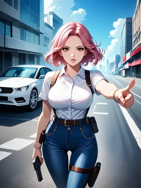 weapon, gun, car, pants, outdoors, shirt, looking at viewer, motor vehicle, 1girl, pink hair, holding, breasts, holding weapon, jewelry, belt, holster, parted lips, day, handgun, building, holding gun, white shirt, bracelet, collared shirt, ground vehicle,...