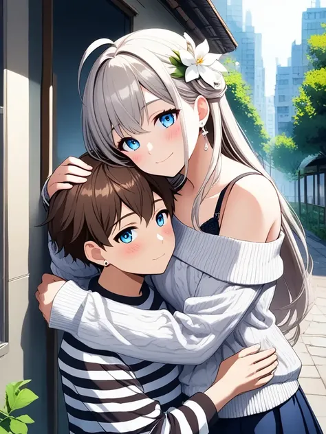 1girl, 1boy, blue eyes, smile, hair ornament, flower, hug, long hair, hair flower, blush, jewelry, earrings, looking at viewer, ahoge, closed mouth, off shoulder, long sleeves, bangs, striped, grey hair, bare shoulders, hand on anothers head, shirt, stripe...