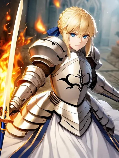 1girl, armor, blonde hair, looking at viewer, solo, gauntlets, blue eyes, breastplate, shoulder armor, armored dress, hair between eyes, fire, weapon, long hair, faulds, pauldrons, closed mouth, blurry background, artoria pendragon (fate), sword, bangs, fl...