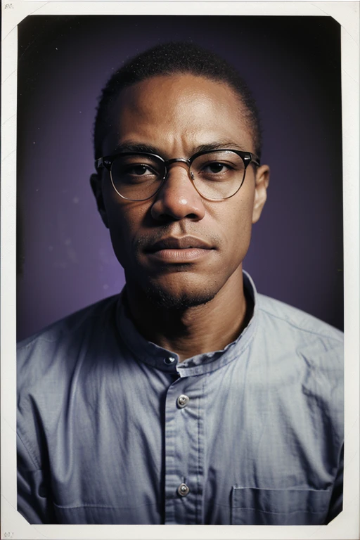 MalcolmX, Century Camera Co. Studio, 160mm f/8, 1/10s, ISO 25, ((tintype, portrait, full color, bold color, purple, indigo, gradient)), ((geometric halftone background))