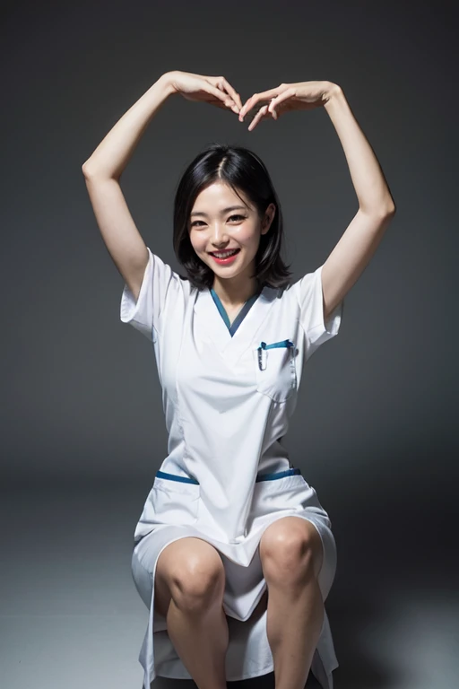  (full body shot), 1girl, (arms making heart), smiling beautiful Japanese female nurse wearing fitted nurse dress, beautiful detailed face, Japanese woman, black hair, pale skin, realistic skin, detailed cloth texture, detailed hair texture, Perfect propor...