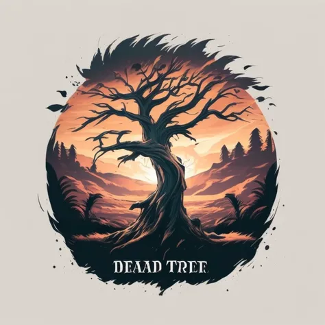 a dead tree in a savana landscape, tshirt design, rzminjourney