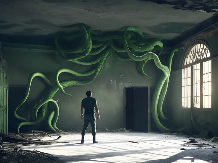 a man standing inside of an abandoned damaged old room with a bunch of demonic cthulhu tentacles growing out of ceiling and wall...