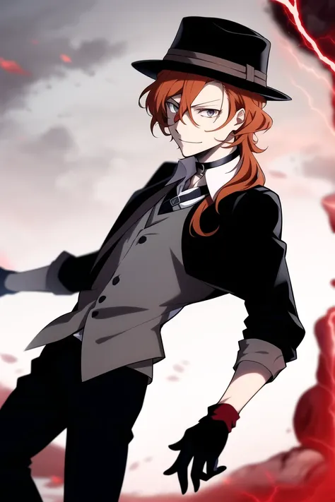 <lora:chuuyanakahara:0.8>, 1boy, orange hair,nakahara chuuya,long hair,hat, grey eyes, choker, deep eyes,vest, red glowing, look...