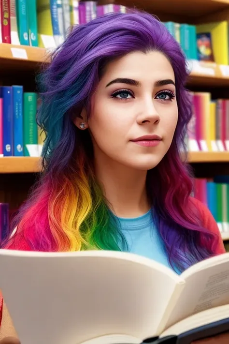 a ((woman:1.5)) reading a (book) in a (library), detailed face, beautiful face, beautiful eyes, ((rainbow hair))