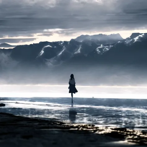 masterpiece, best quality, highly detailed,1girl, beach, boat, caustics, city_lights, cloud, day, horizon, ice, lake, landscape,...