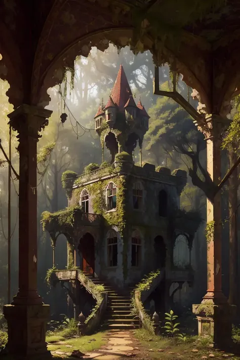 old painting style, abandoned overgrown castle mansion in a forest, oversaturated, princess tower, gazebo, balcony, colorful, highly detailed, high resolution, ray tracing reflections, dramatic lighting, 8k vibrant colors, detailed acrylic, intricate compl...
