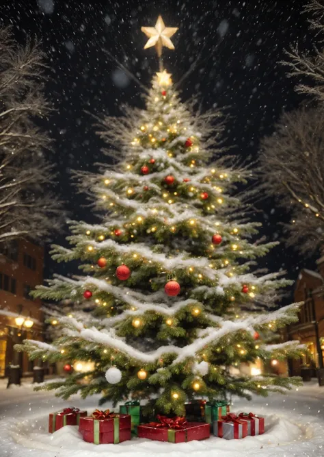 a close up of a christmas tree with presents in the snow