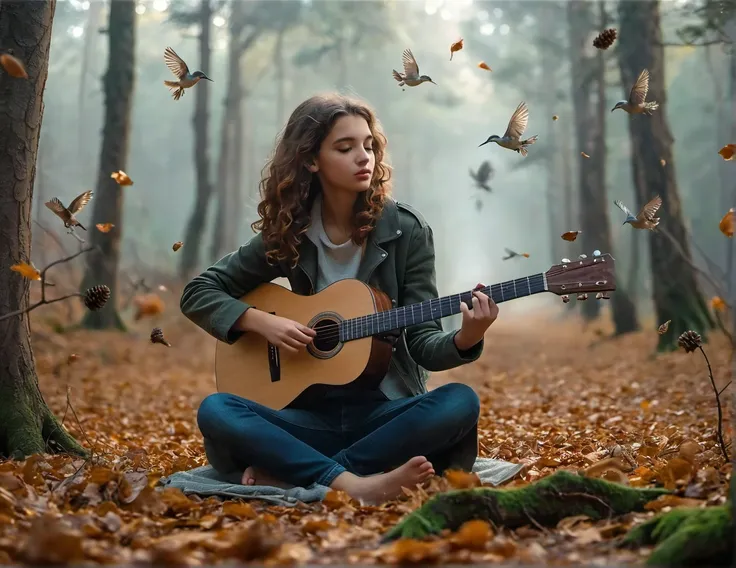 arafed woman sitting in the woods playing a guitar