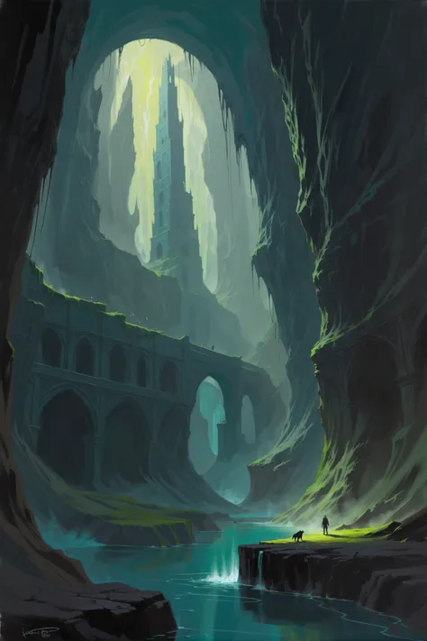 a painting of a cave with a waterfall and a bridge