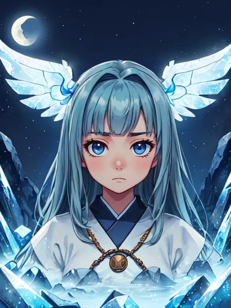 a girl with blue hair and angel wings standing in front of a mountain