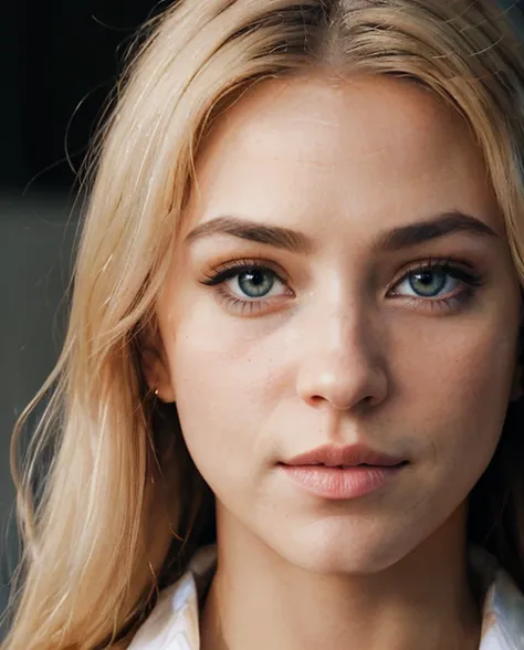 blond woman with blue eyes and a white shirt looking at the camera