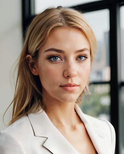 a close up of a woman in a white jacket looking at the camera