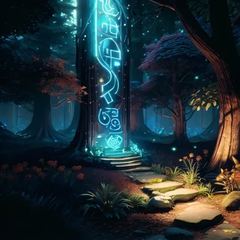 a digital painting of a forest with a glowing sign in the middle