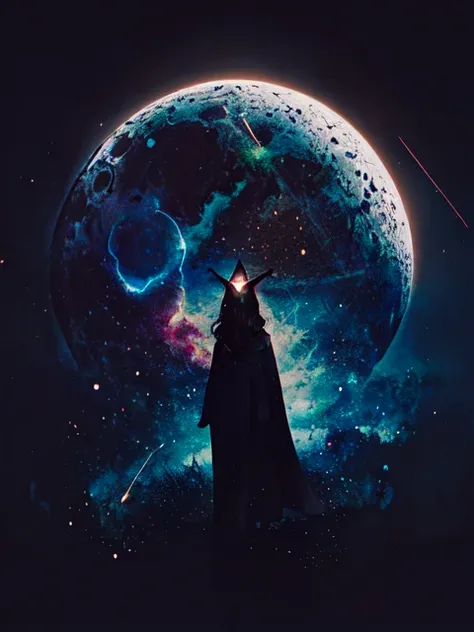 a person standing in front of a large moon with a sword