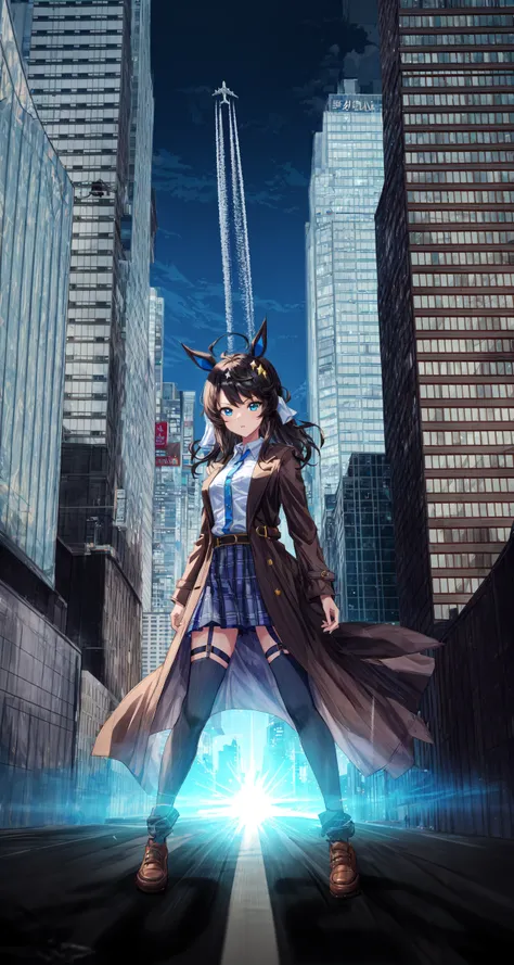 masterpiece, best quality, daring tact (umamusume), buildings, looking at viewer, long sleeves, very long coat, belt, brown coat, open coat, white shirt, shirt stuck in skirt, suspenders, plaid skirt, blue skirt, brown shorts <lora:umamusume_aio_loha:0.8>,...